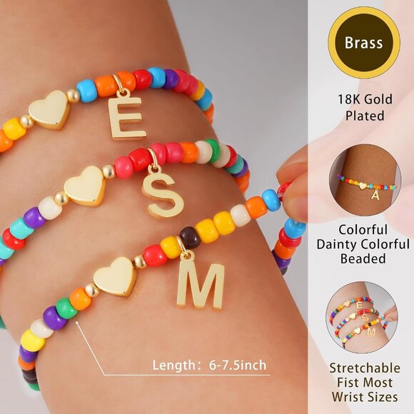 Personalized Colorful Initial Bracelet with Heart - 6" Stretchy Beaded Charm - Picture 6 of 7